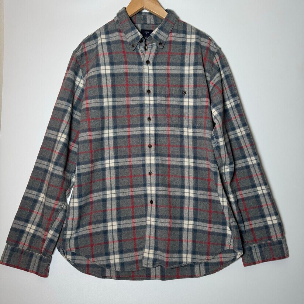 J Crew Plaid Flannel Shirt Mens Large Gray Grunge Lumberjack Outdoors Preppy‎